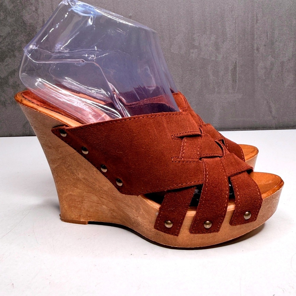 Vtg Y2K XOXO Wedge Sandals Women 9 Brown Suede Studded Wooden Platform Mules 90s